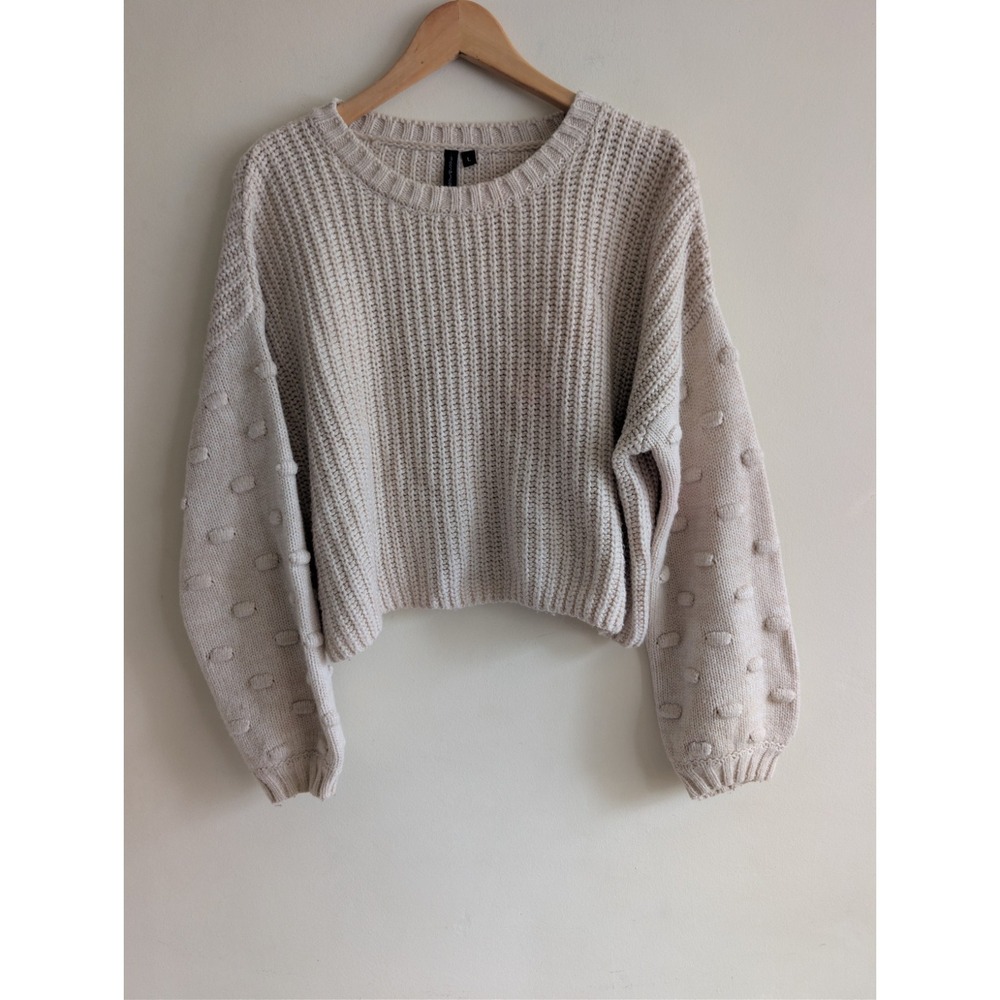 Moon & Madison Neutral Chunky‎ Knit Cropped Sweater Womens Sz L Bubble Sleeves